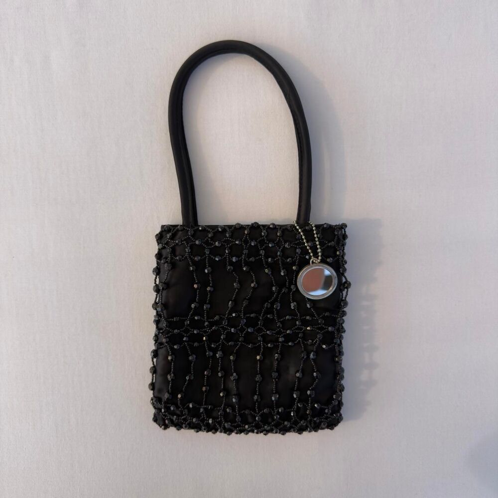 Black Beaded Mini Handbag With Mirror Charm